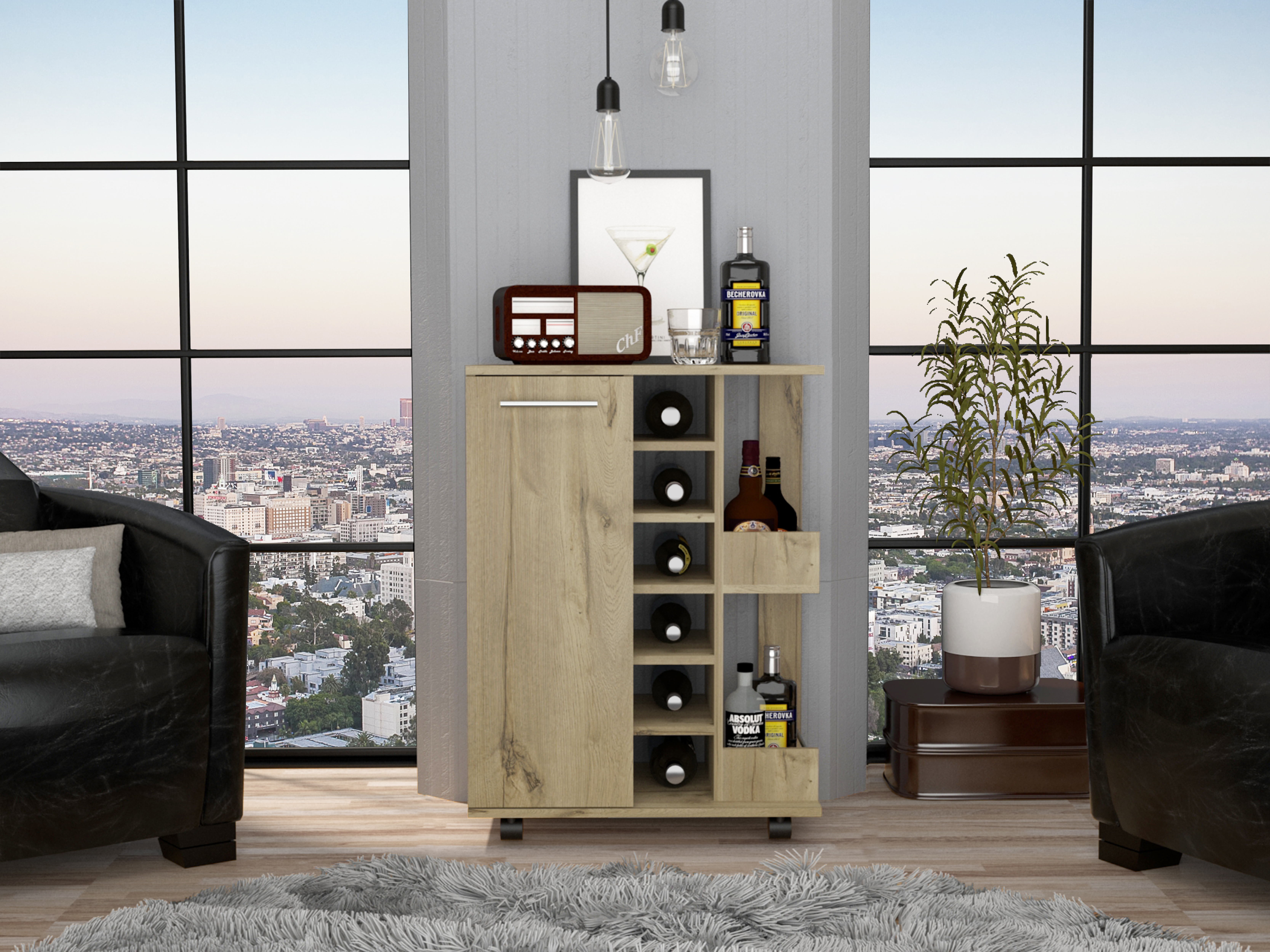 Bar Cart, Two External Shelves, Four Casters, Six Built-in Wine Rack, Single Door Cabinet -Light Oak